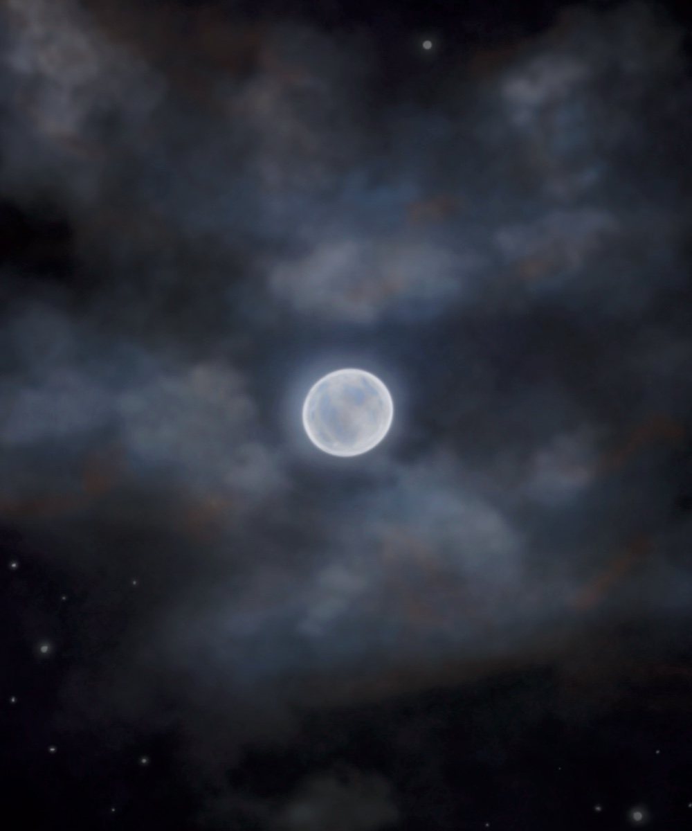 Full moon glowing through a cloudy night sky, symbolizing mystery, intuition, and the dream world.